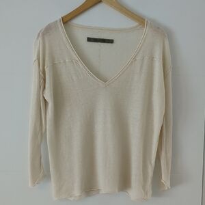 Enza Costa Light Cream V-Neck Long Sleeve Linen Lightweight Summer Top Sz S